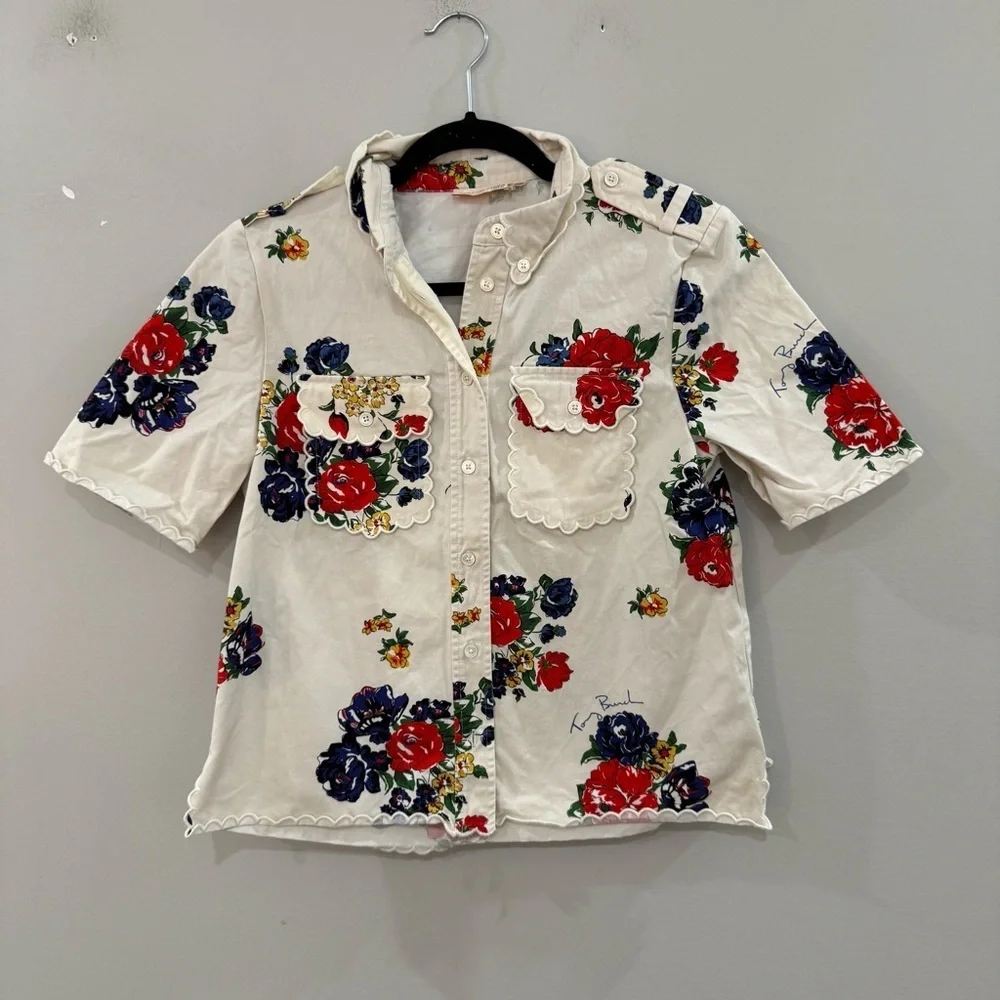 Tory Burch Blouse Twill Safari Top Button Down in Ivory Tea Rose